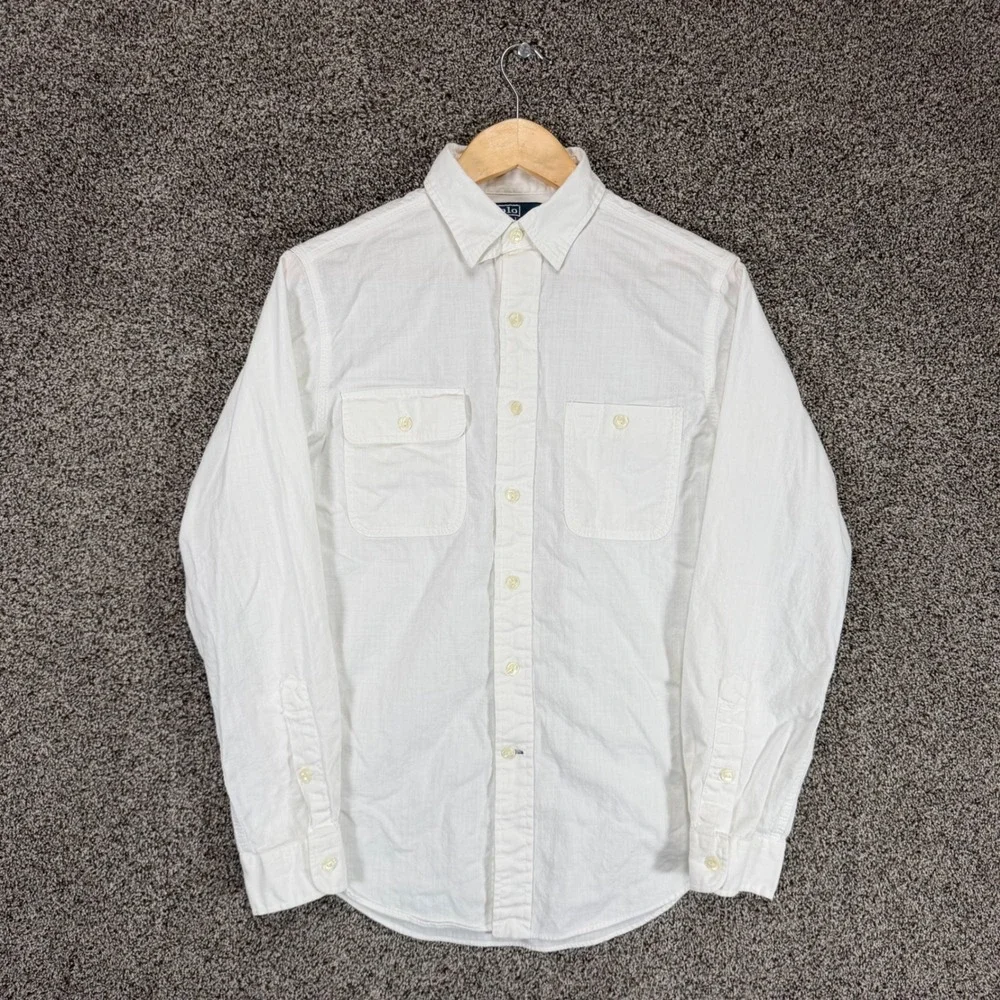 Vintage POLO RALPH LAUREN Shirt Mens S White Sail Type 1 Stamped Collar Military